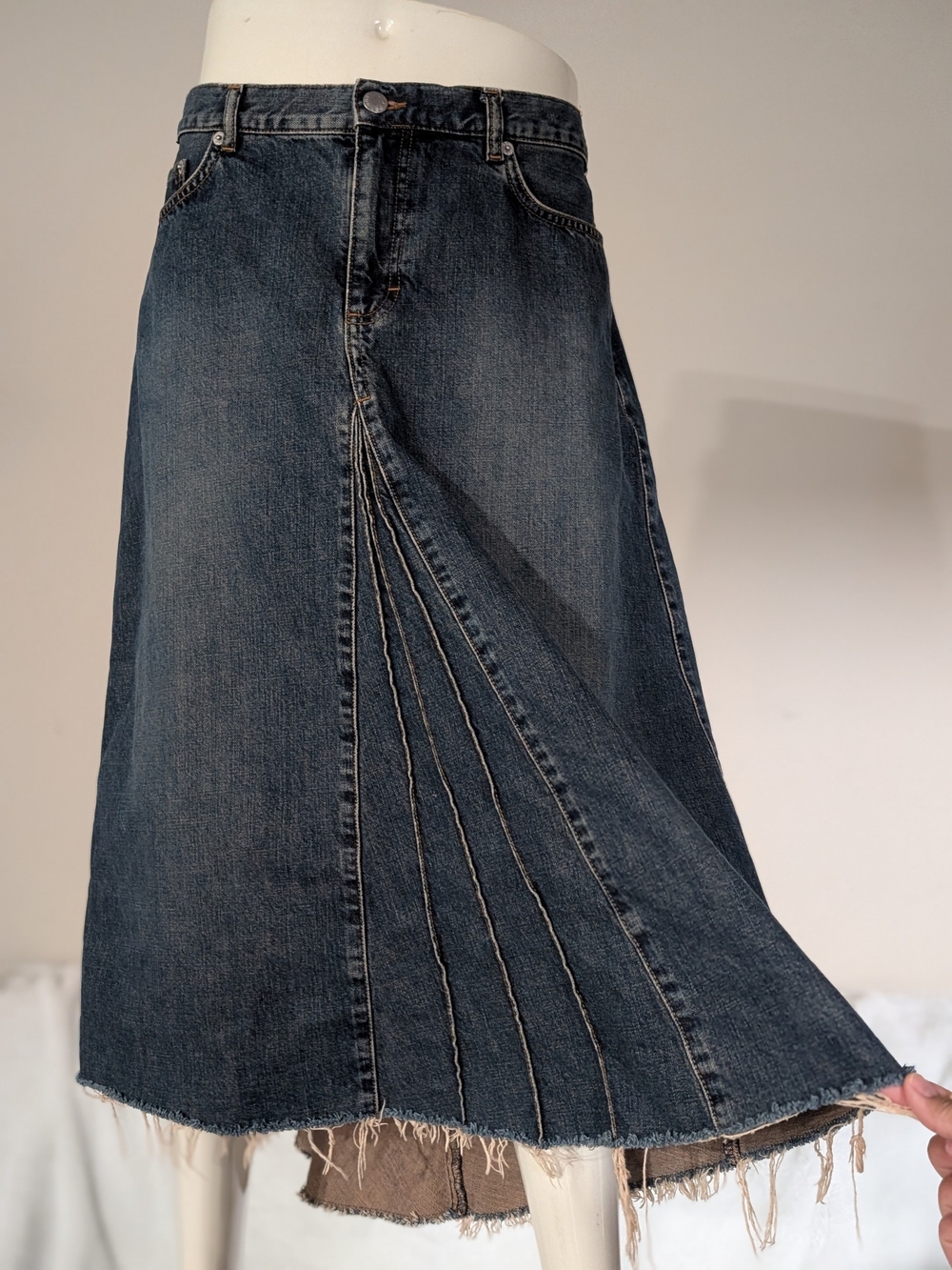 Per Una Marks & Spencer Denim Midi Skirt UK 14 Long Raw Hem Pleated A-Line